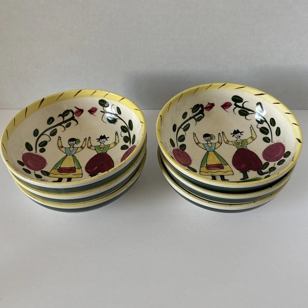 Vintage Pennsylvania Dutch Folk Art 6 Piece Serving Bowls Set Hand Painted